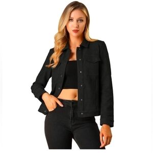 Allegra K Women's Turn Down Collar Faux Suede Trucker Jacket